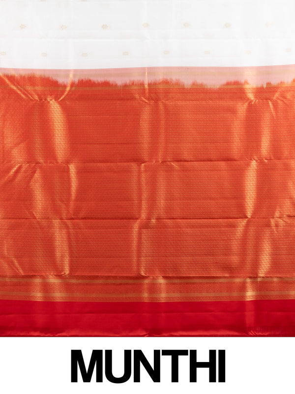 White pure Kanchipuram silk saree with contrast red border and gold zari buttas and pallu
