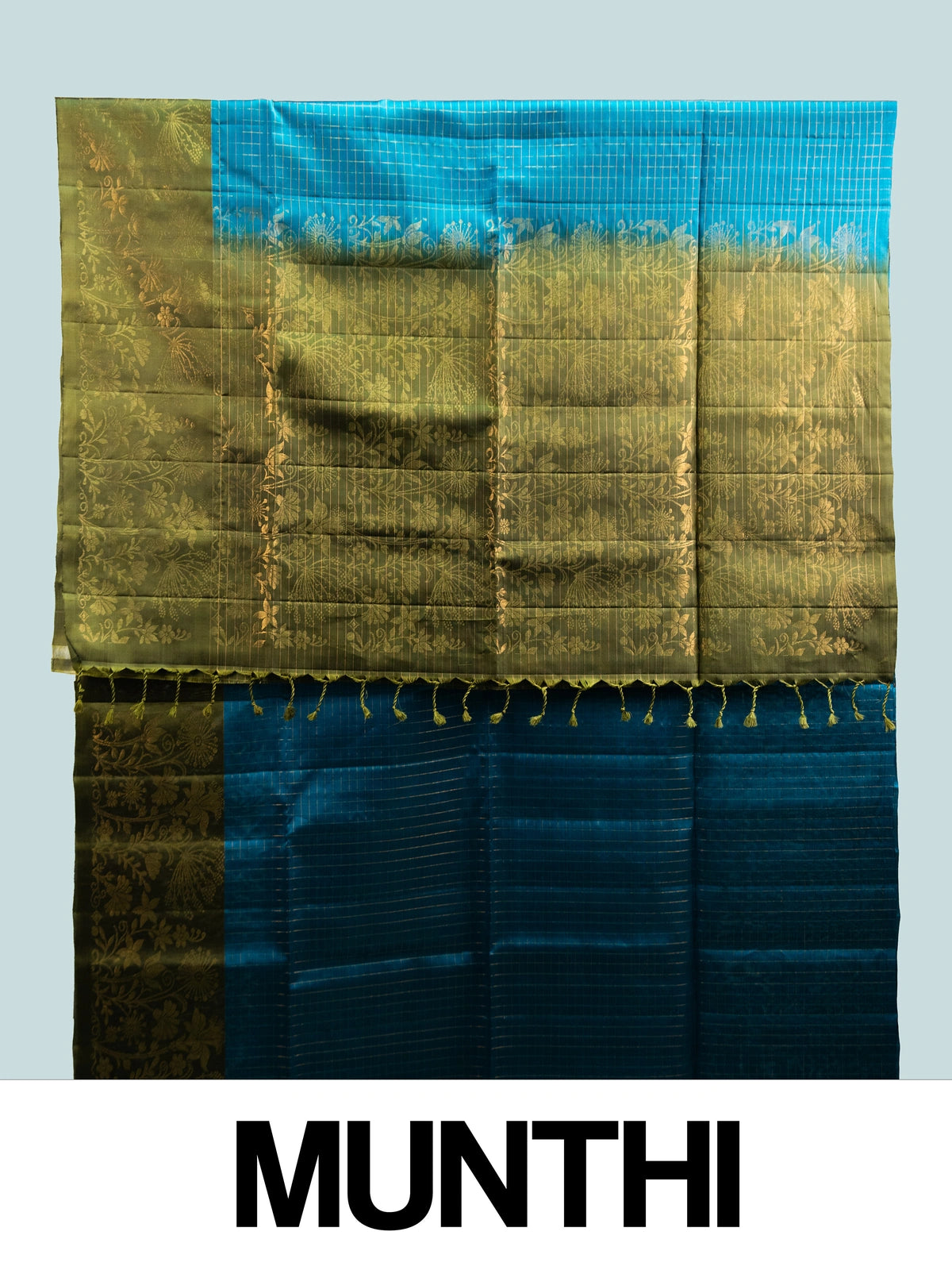 Peacock blue Kanchipuram pure mix saree with gold zari checks and olive green contrast zari border and pallu