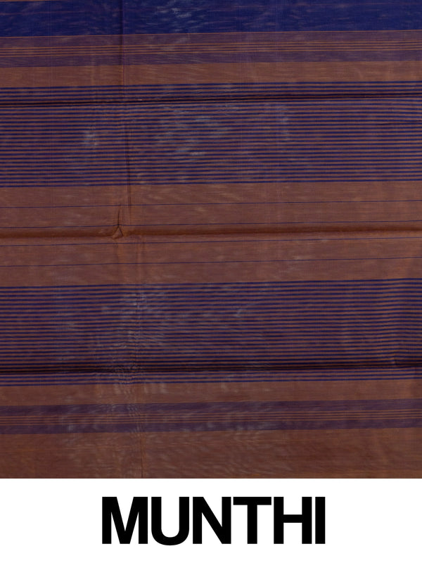Navy blue silk cotton saree with copper stripes and contrast striped pallu