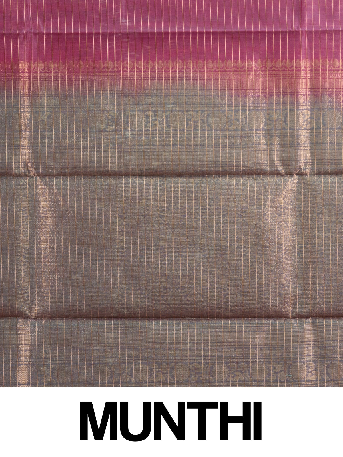 Magenta pure silk cotton saree with gold zari checks and grey-green contrast zari border