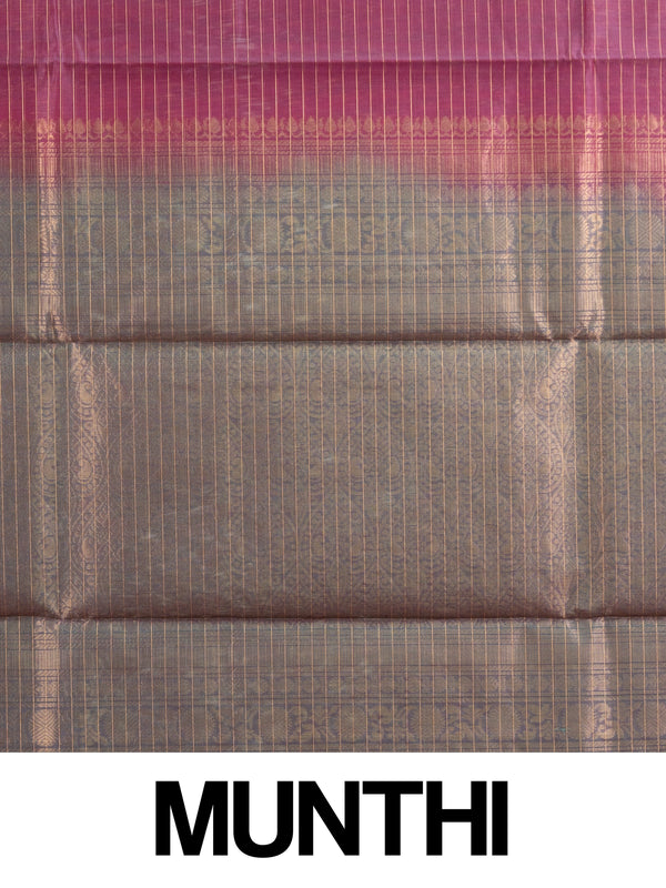Magenta pure silk cotton saree with gold zari checks and grey-green contrast zari border