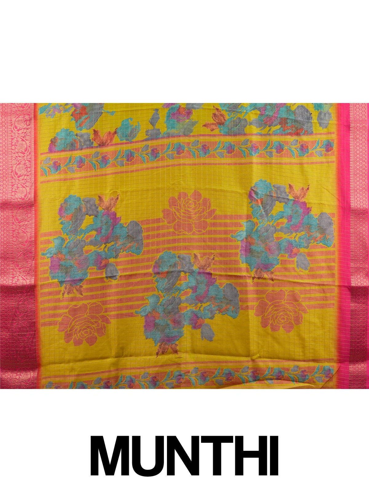 Yellow Dola silk saree with multicoloured floral print and contrast pink zari border