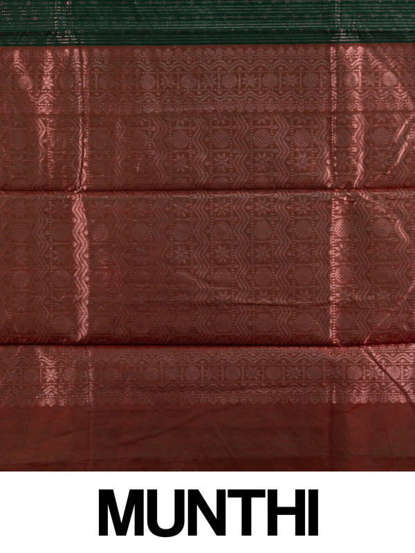 Dark green silk cotton saree with contrast maroon zari border and woven pallu