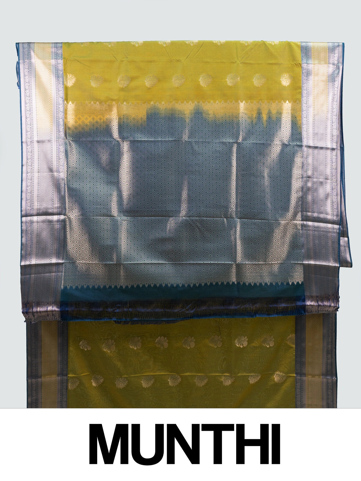 Olive green semi silk saree with teal blue contrast zari border and zari butta motifs
