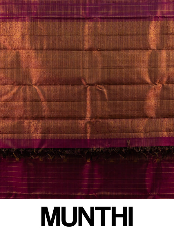 Magenta pure Kanchipuram silk saree with gold zari checks and contrast peacock-motif border