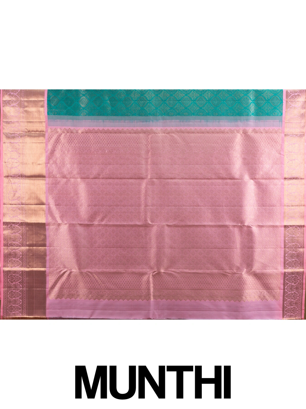 Teal green pure Kanchipuram silk saree with gold zari brocade body and contrast pink zari border