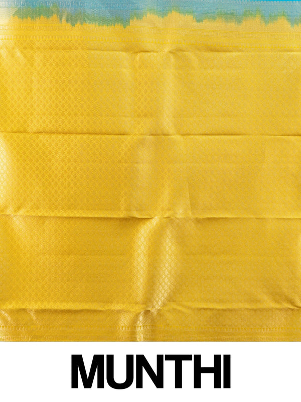 Peacock blue pure Kanchipuram silk saree with contrast yellow gold zari border and floral buttas