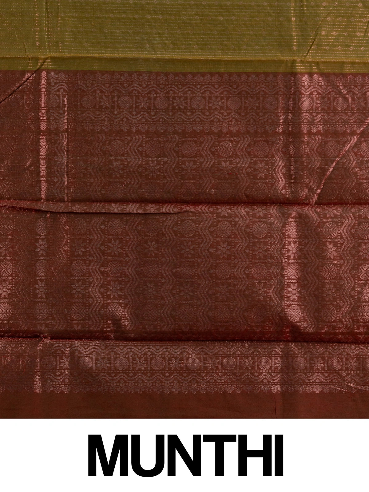 Olive green silk cotton saree with contrast maroon zari border and woven pallu