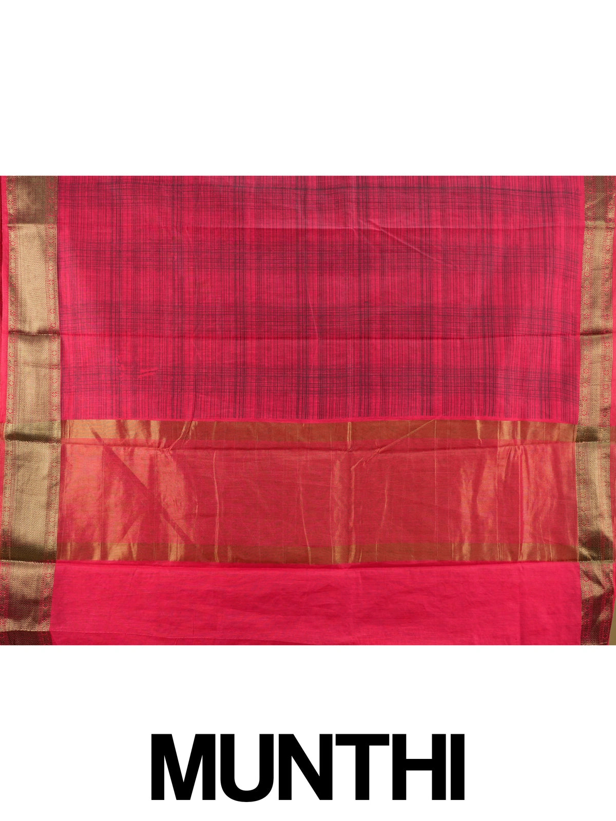 Red and gold semi tussar saree with black checked body and contrast gold zari border