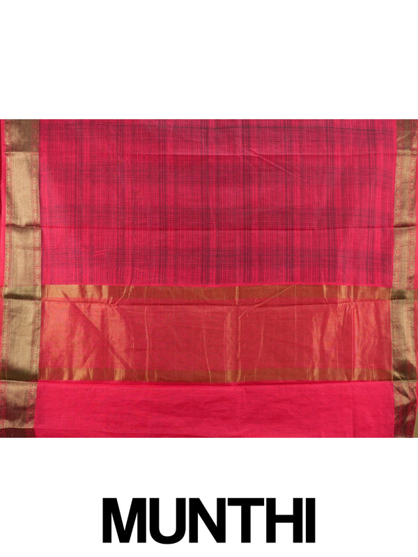 Red and gold semi tussar saree with black checked body and contrast gold zari border