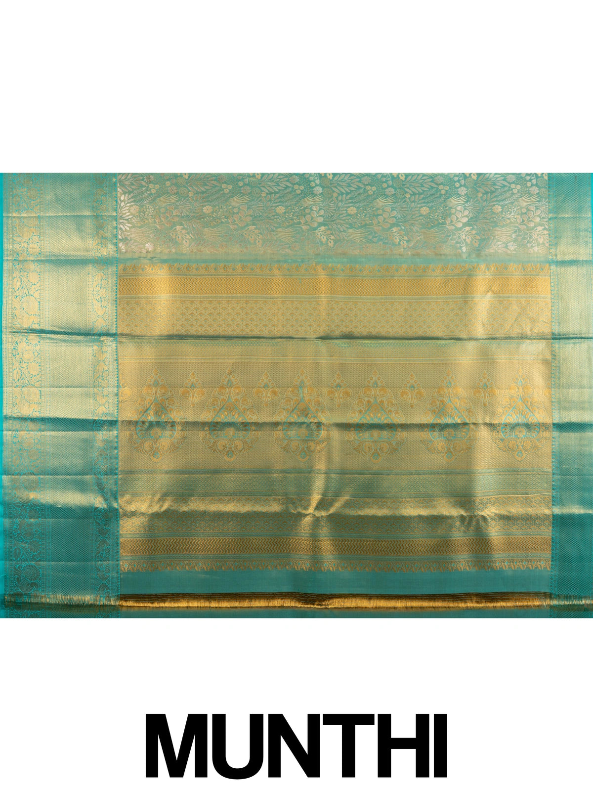 Teal green and gold pure Kanchipuram silk saree with zari floral weave and contrast border