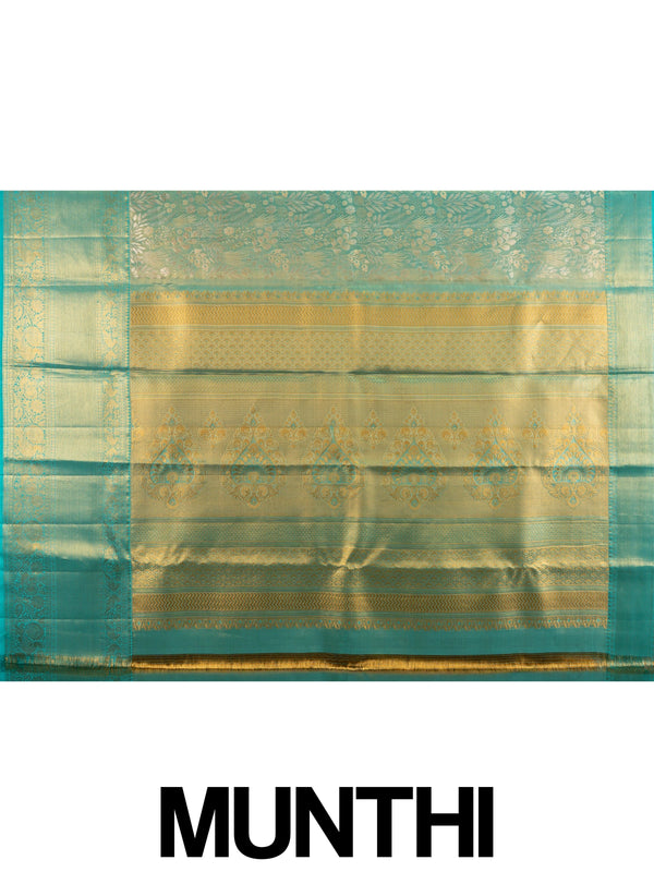 Teal green and gold pure Kanchipuram silk saree with zari floral weave and contrast border