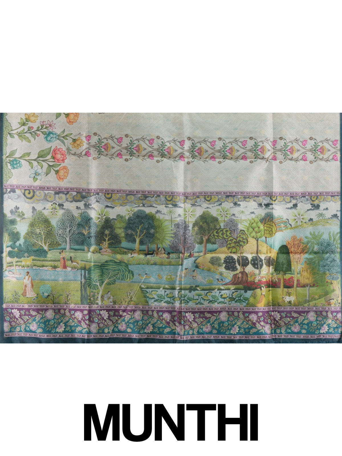 Cream semi tussar saree with floral print, teal border and pichwai landscape pallu