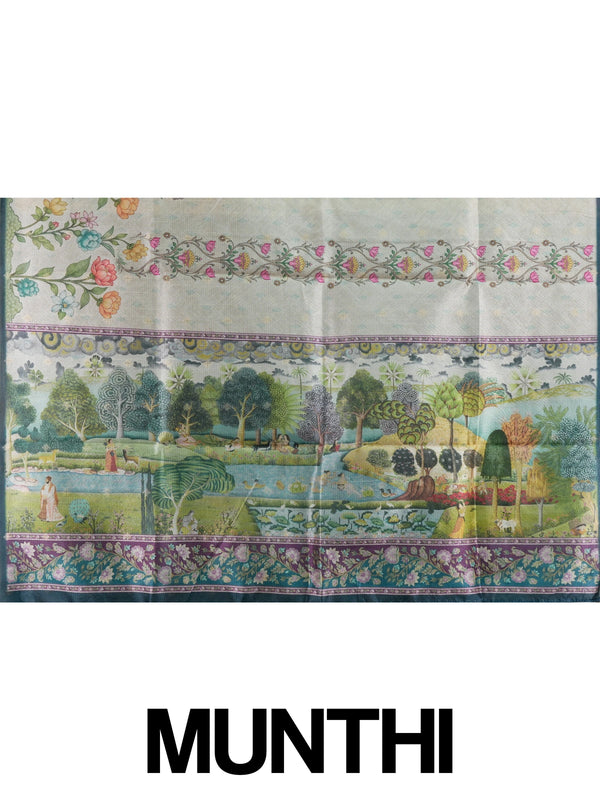 Cream semi tussar saree with floral print, teal border and pichwai landscape pallu