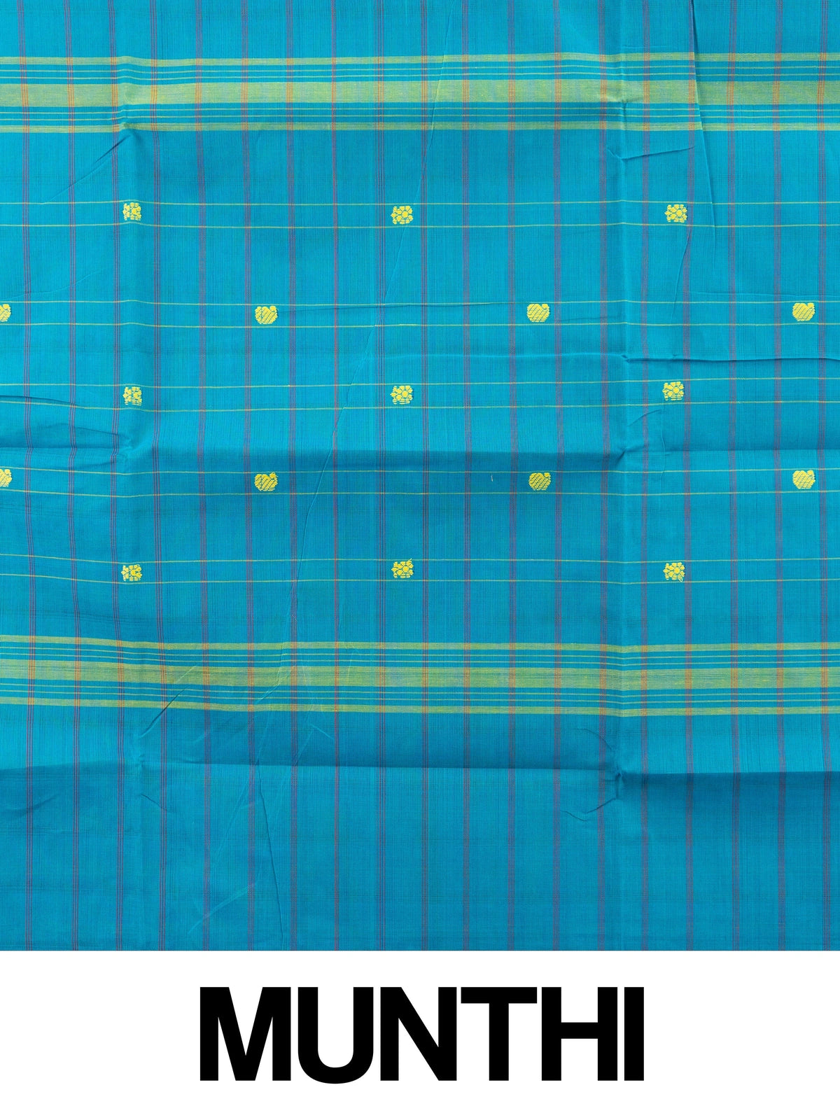 Peacock blue Chettinad cotton saree with checked body, yellow buttas and magenta gold zari border