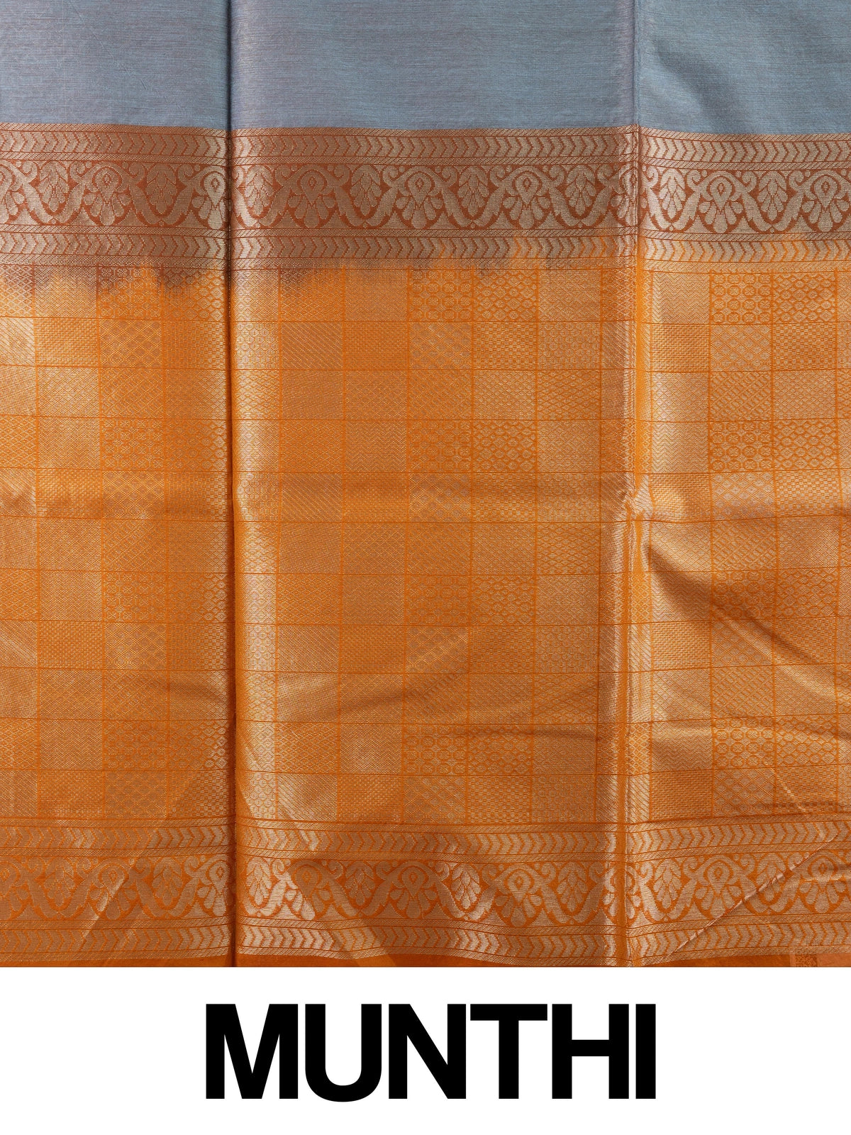 Grey silk cotton saree with mustard-orange contrast zari border and gold buttas
