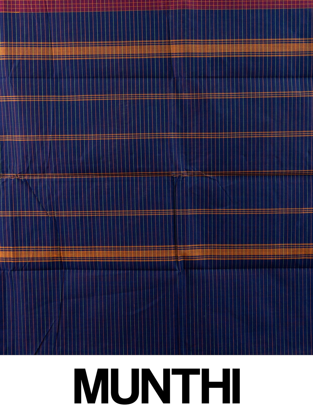 Maroon and blue Chettinad cotton saree with gold check body, contrast green zari border and striped blue pallu
