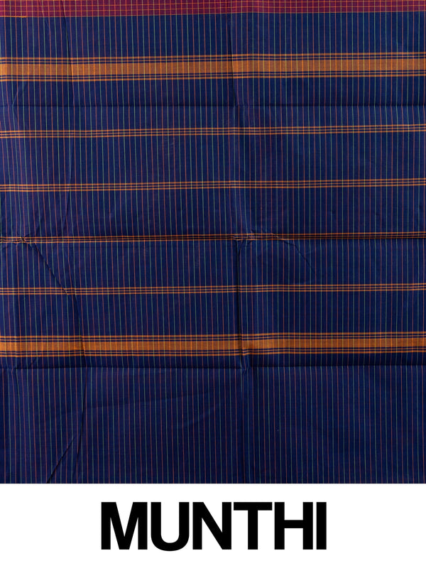 Maroon and blue Chettinad cotton saree with gold check body, contrast green zari border and striped blue pallu