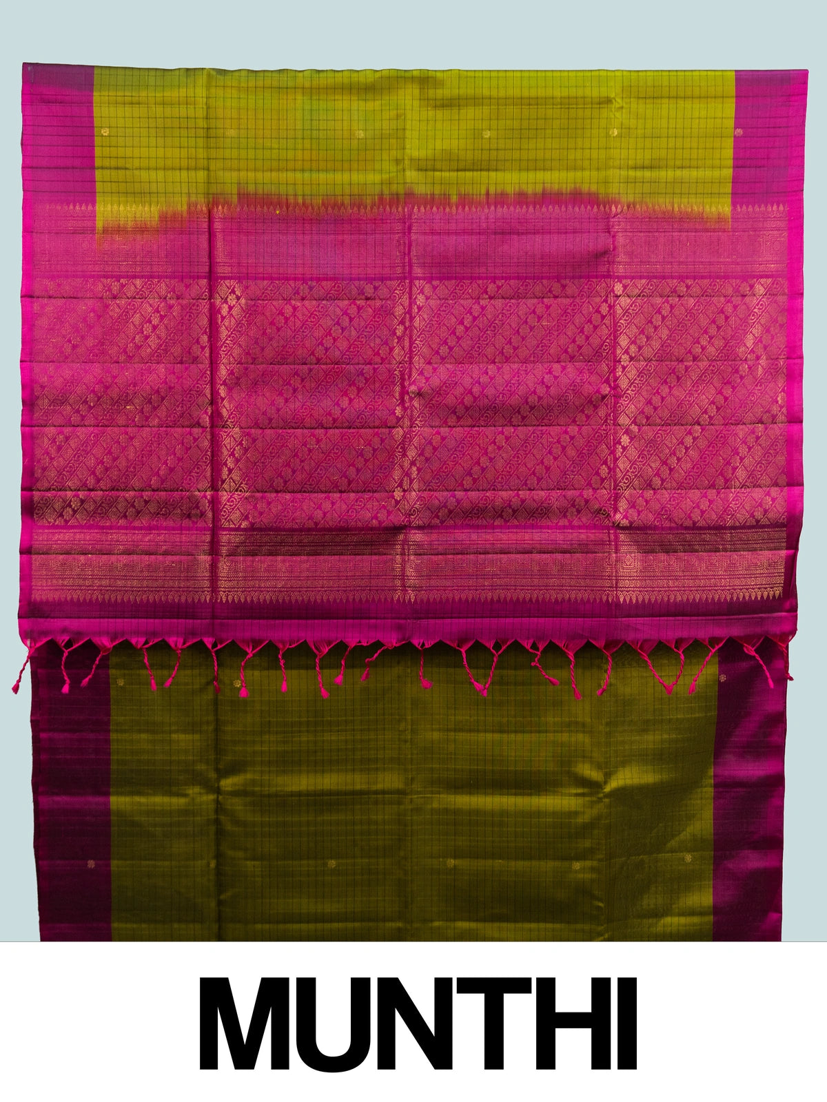 Mehendi green Kanchipuram Pure Mix saree with magenta contrast border and gold zari pallu