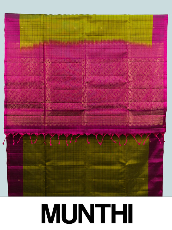 Mehendi green Kanchipuram Pure Mix saree with magenta contrast border and gold zari pallu