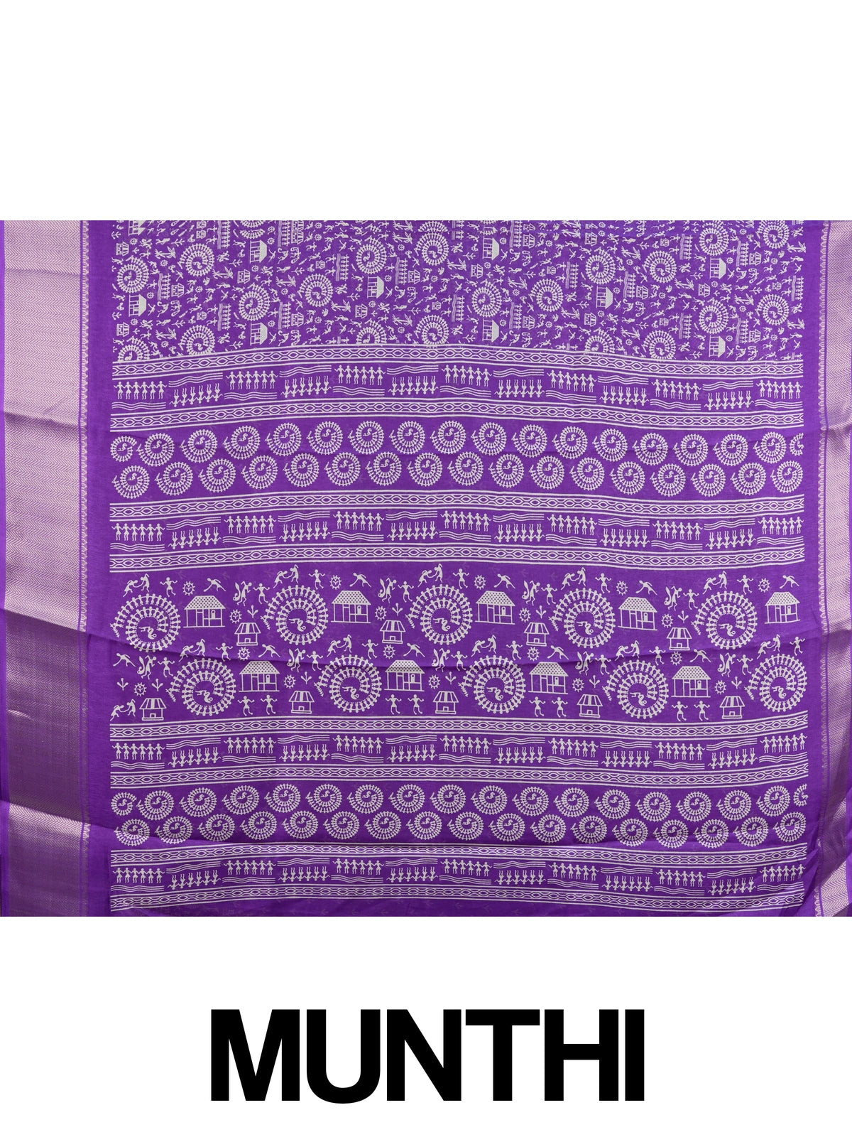 Purple Dola silk saree with white Warli tribal print and silver zari border