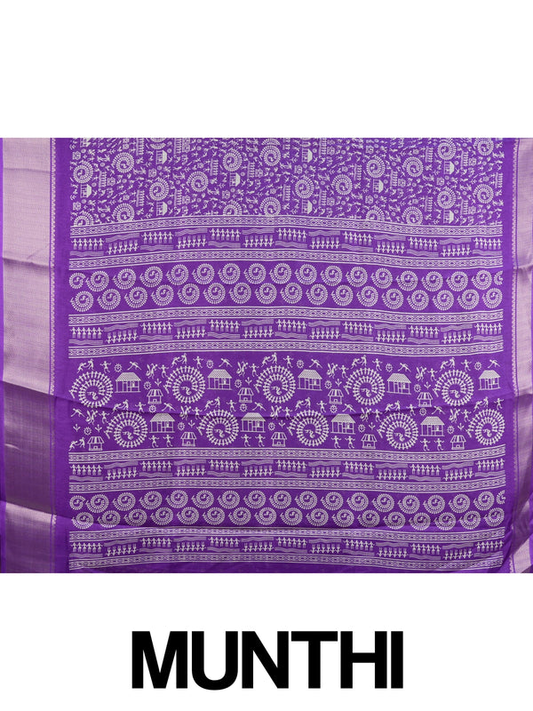 Purple Dola silk saree with white Warli tribal print and silver zari border