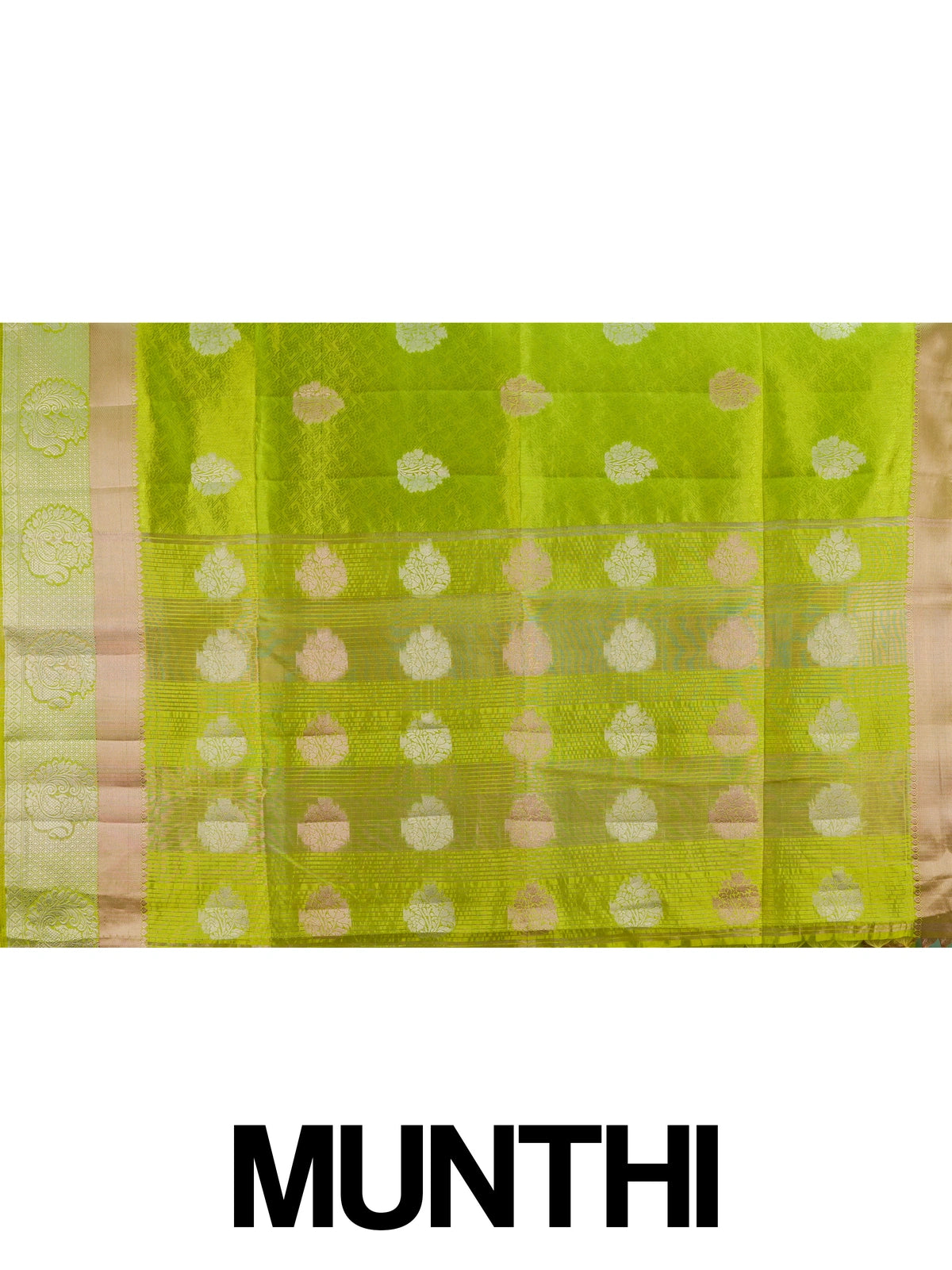 Lime green semi tussar saree with gold and silver floral buttas and contrast beige-gold zari border