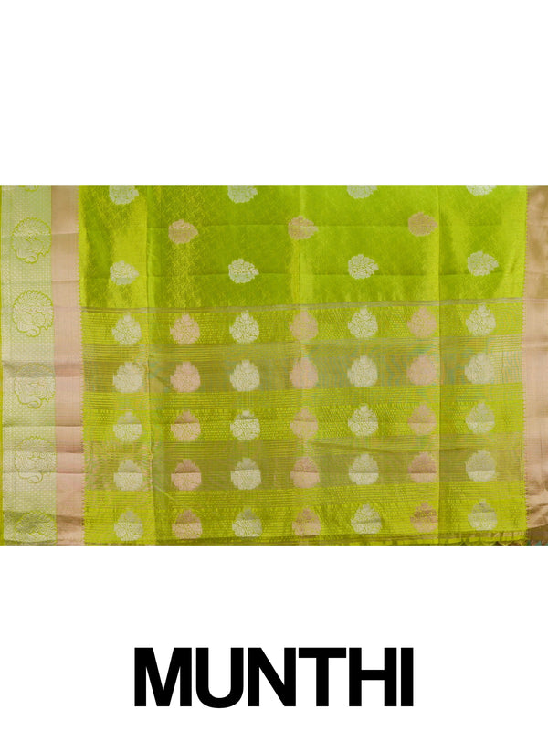 Lime green semi tussar saree with gold and silver floral buttas and contrast beige-gold zari border