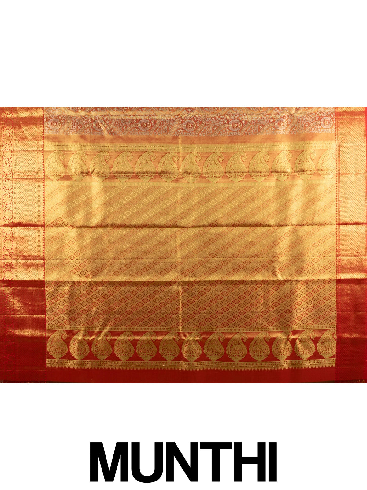 Orange-gold pure Kanchipuram silk saree with gold zari floral jaal body and contrast red zari border