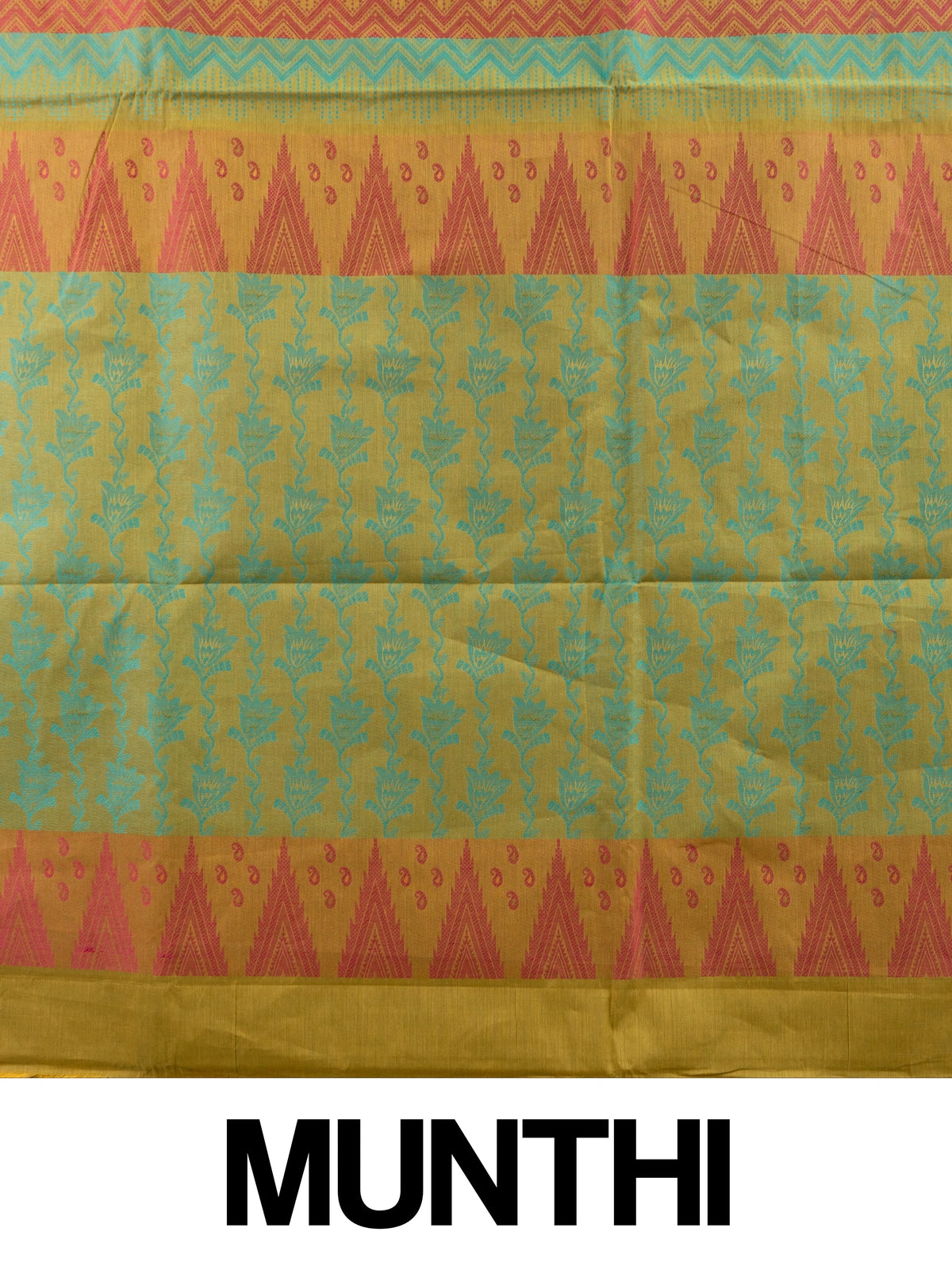 Mustard and pink silk cotton saree with turquoise chevron stripes and floral pallu