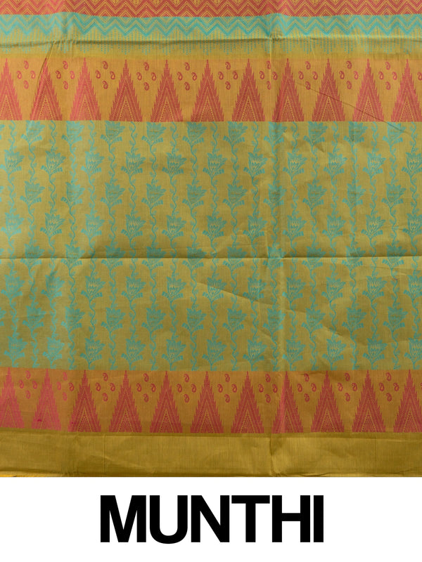 Mustard and pink silk cotton saree with turquoise chevron stripes and floral pallu