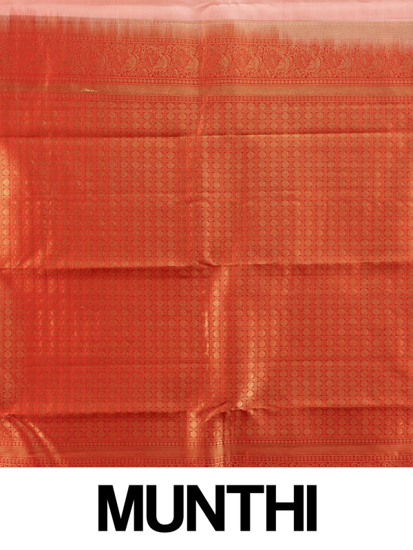 Peach pure Kanchipuram silk saree with contrast red gold zari border and peacock pallu