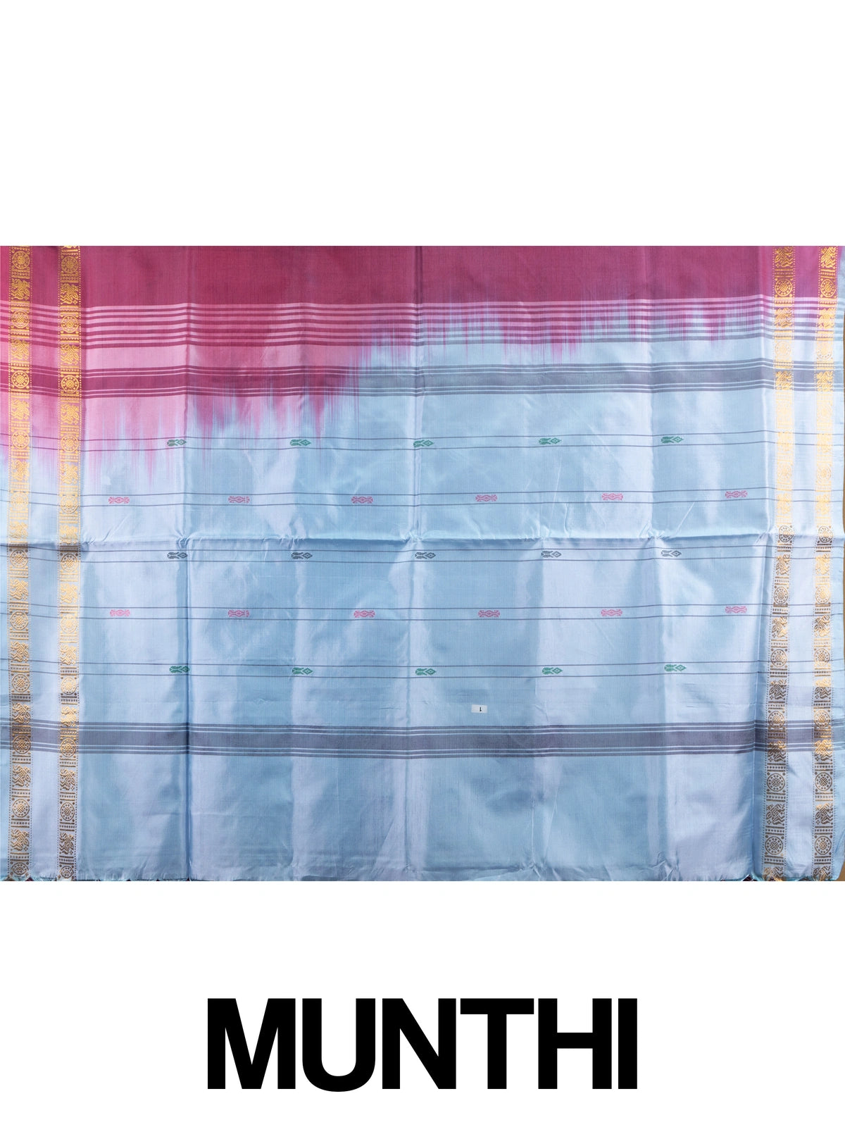 Maroon banana silk saree with gold zari border and contrast grey-blue pallu