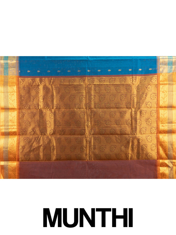 Peacock blue Chettinad cotton saree with gold zari buttas, temple zari border and contrast mustard-gold pallu