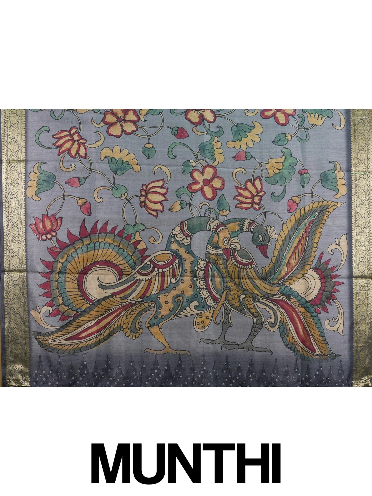 Grey semi tussar saree with Kalamkari floral print, peacock pallu and gold zari contrast border