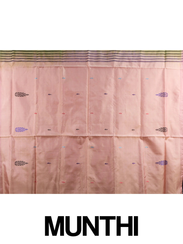 Olive green and peach Banana Silk saree with woven buttas and contrast striped pallu