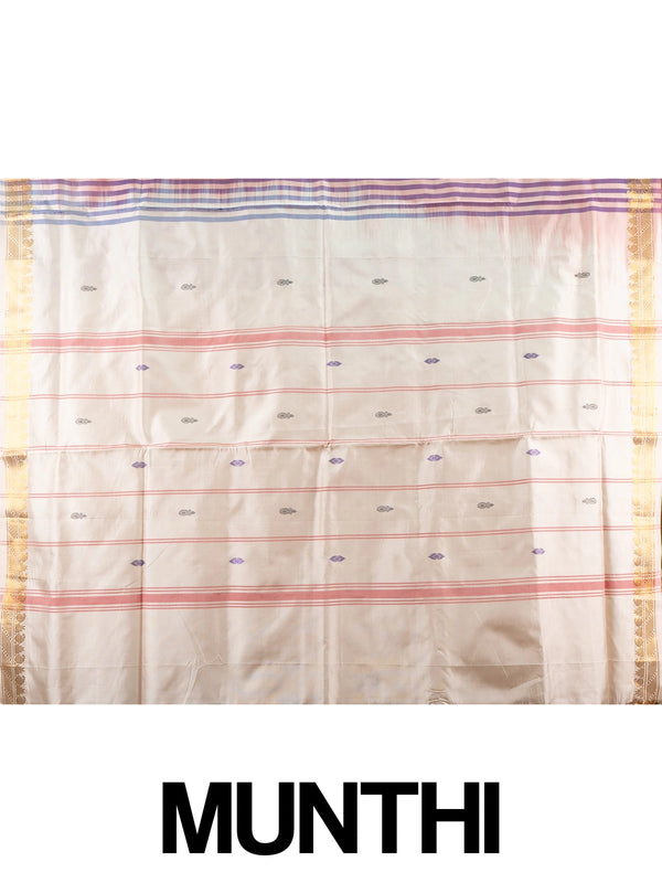 Maroon banana silk saree with gold zari border and contrast cream striped pallu