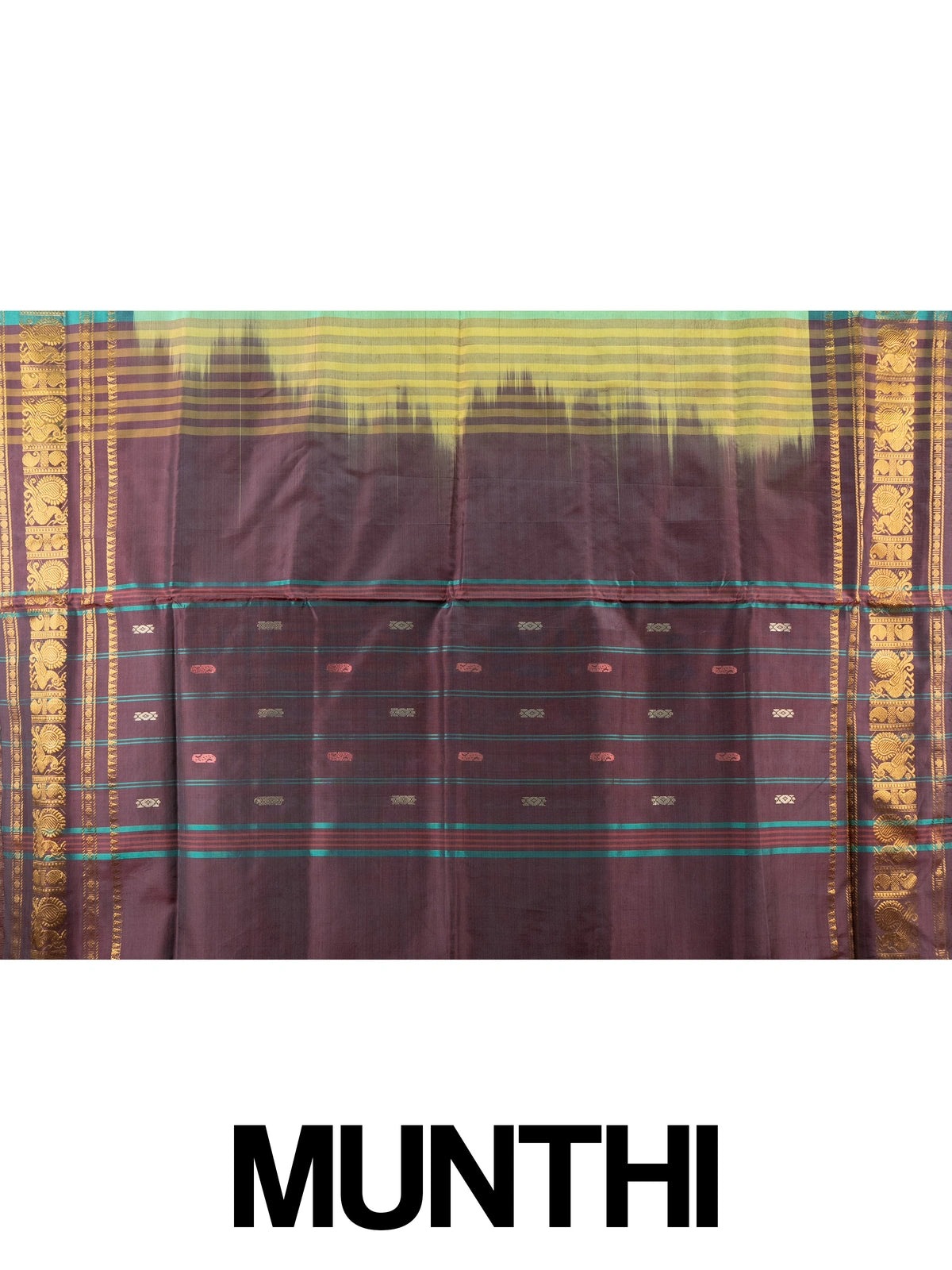 Green banana silk saree with teal gold zari peacock border and contrast maroon pallu