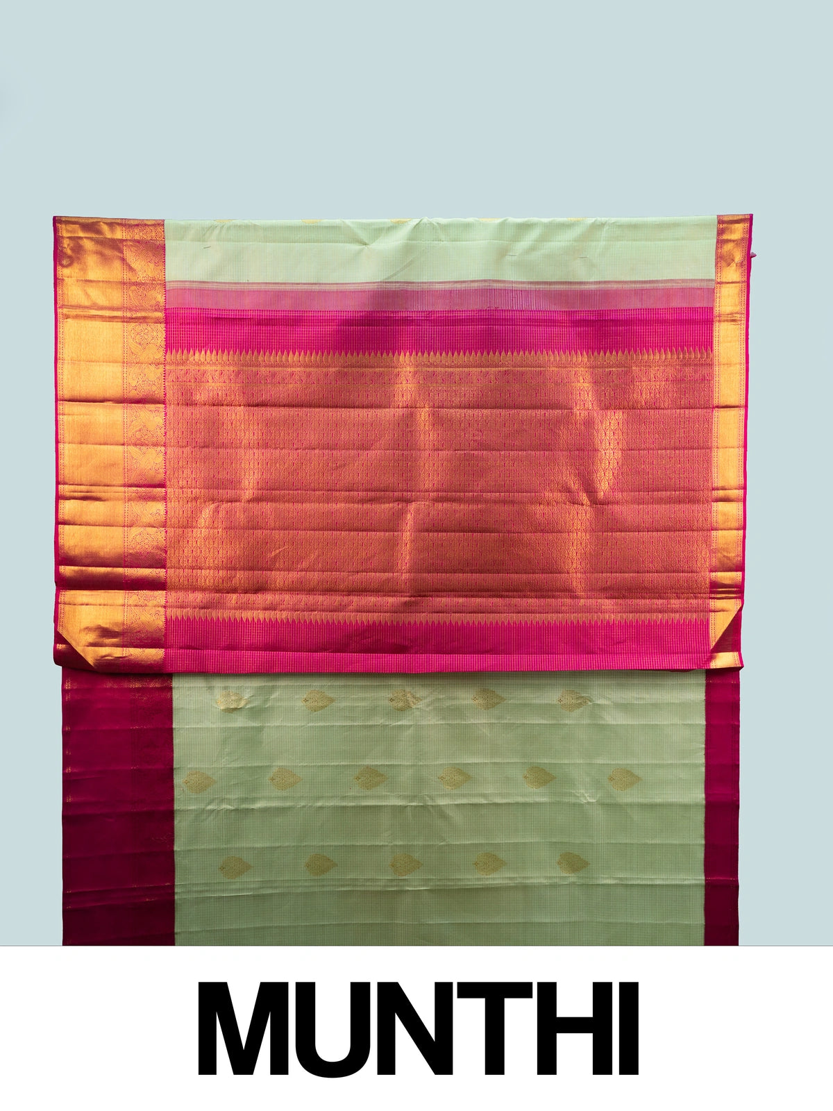 Pastel green pure Kanchipuram silk saree with contrast pink gold zari border and brocade pallu