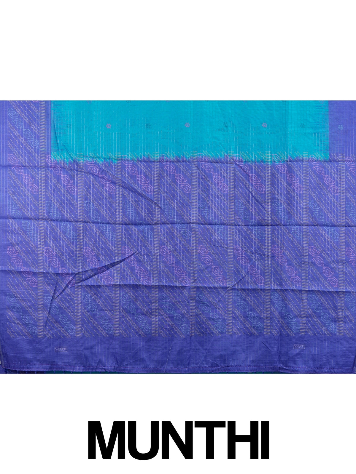 Peacock blue Dola silk saree with contrast violet zari border and bandhani-style pallu