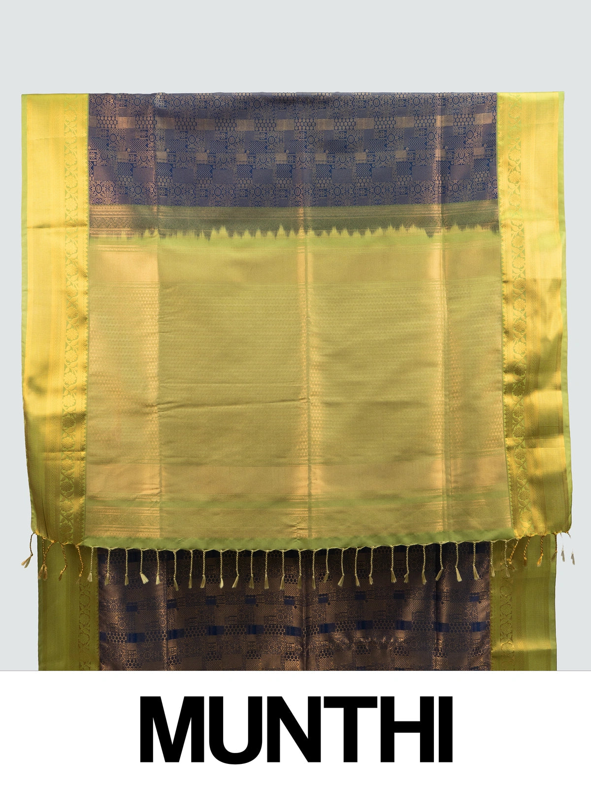 Navy blue Kanchipuram fancy silk saree with gold zari brocade body and contrast lime-green zari border