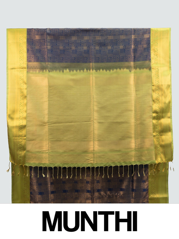 Navy blue Kanchipuram fancy silk saree with gold zari brocade body and contrast lime-green zari border
