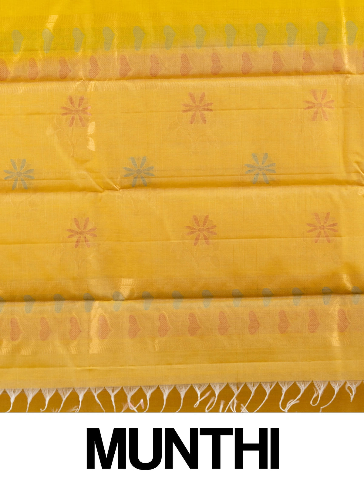 Bright yellow pure silk cotton saree with floral buta motifs and gold zari border