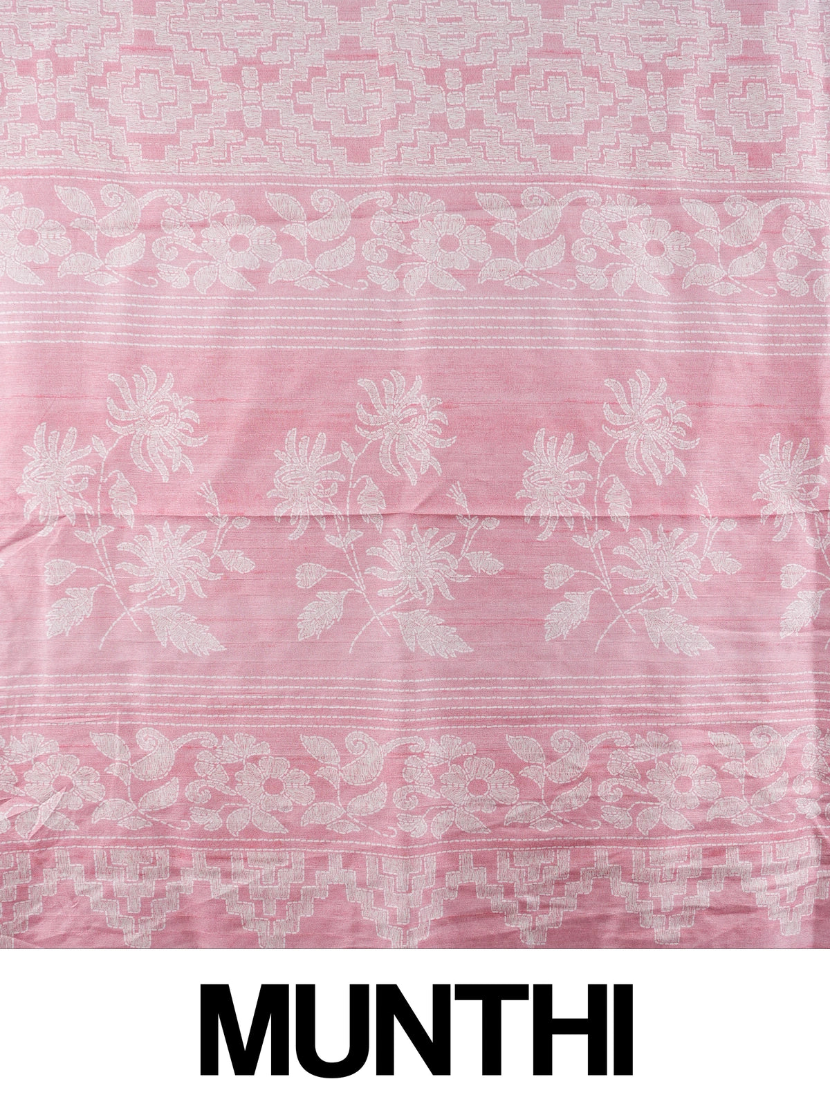 Rose pink Dola silk saree with white woven floral and geometric motifs and tissue border