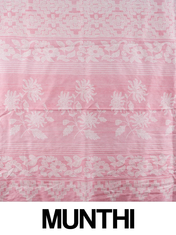 Rose pink Dola silk saree with white woven floral and geometric motifs and tissue border