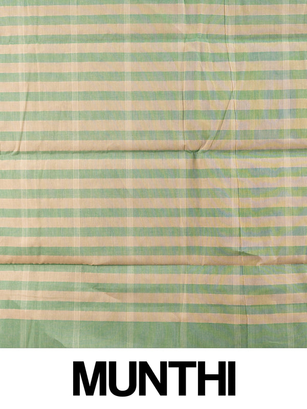 Sage green and beige checked silk cotton saree with striped pallu and contrast cream blouse