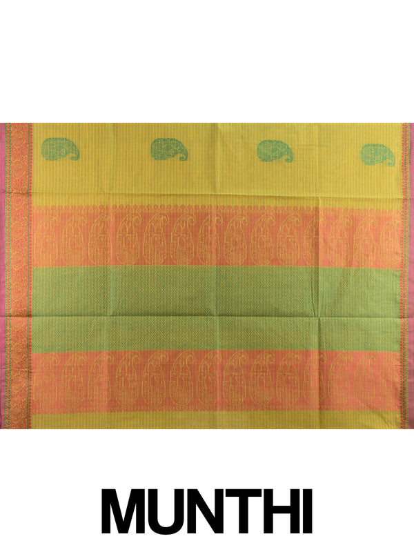 Mehndi green semi raw silk saree with paisley and elephant motifs, contrast maroon border and banded pallu