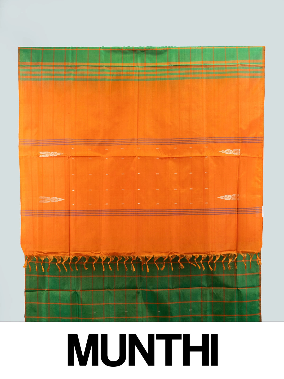 Green and orange checked banana silk saree with contrast orange pallu and blouse