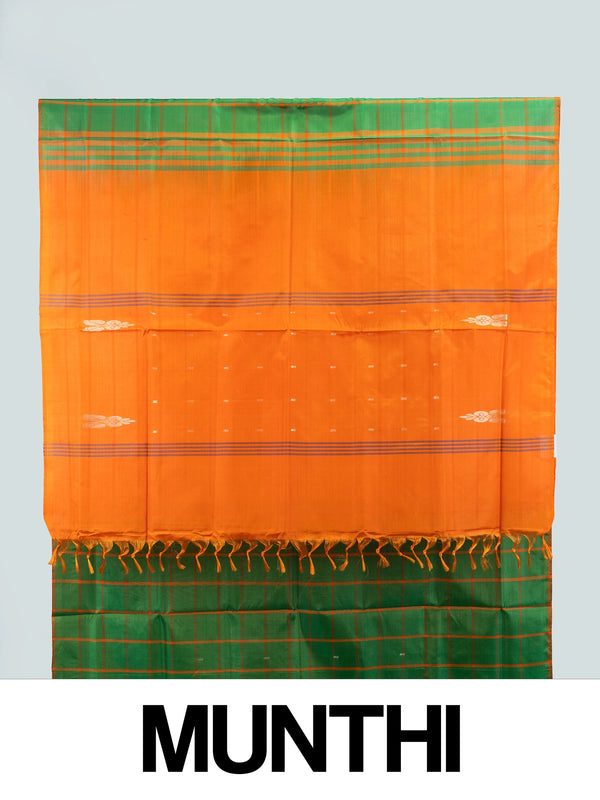 Green and orange checked banana silk saree with contrast orange pallu and blouse