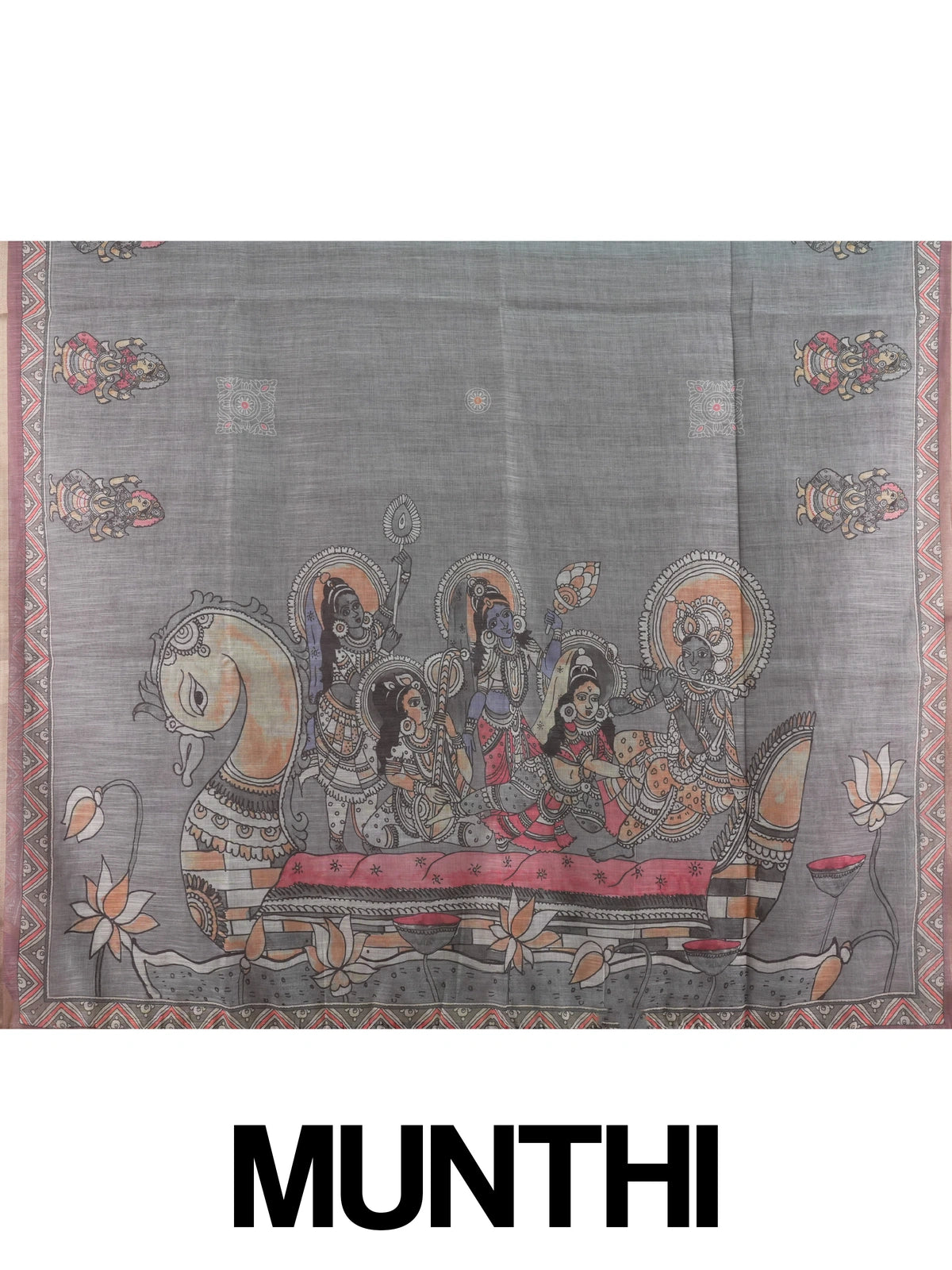 Grey linen cotton saree with Kalamkari-style figurative prints, coral chevron border and contrast mauve blouse